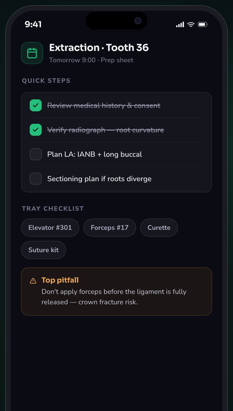 Dentalverse prep sheet for an extraction with quick steps and tray checklist