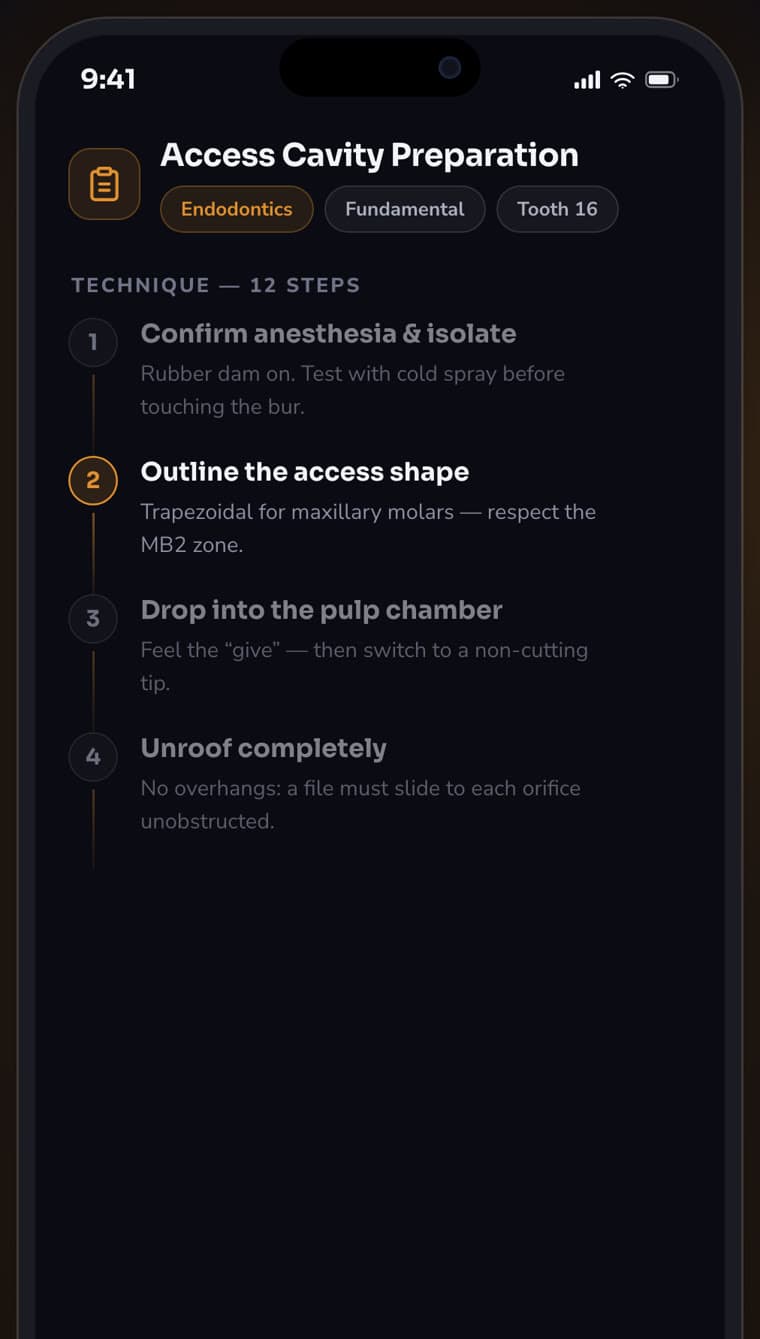 Dentalverse procedures screen showing a step-by-step protocol